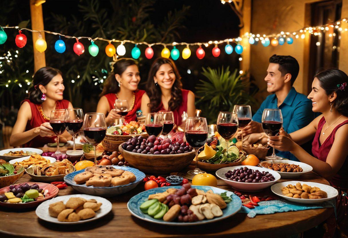 A beautiful scene capturing a festive gathering with colorful Guatemalan decorations. Show a table adorned with vibrant wine glasses filled with rich red wine, surrounded by traditional Guatemalan snacks and sweets. In the background, include people joyfully raising their glasses in celebration, under twinkling fairy lights. Emphasize the warm, inviting atmosphere of a cultural celebration. vibrant colors. super-realistic. festive ambiance.