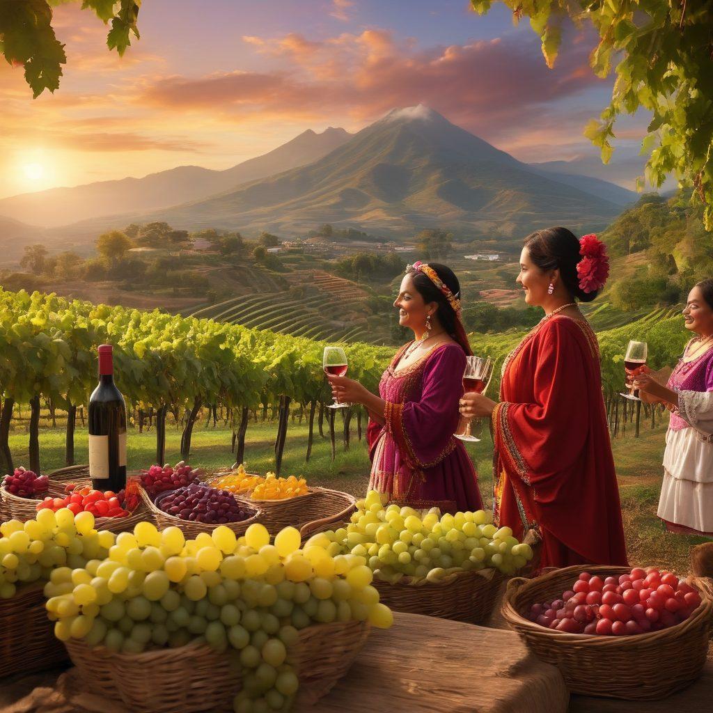 A picturesque Guatemalan vineyard at sunset, with rows of lush grapevines and a vibrant sky. In the foreground, a group of joyful people toasting with wine glasses, adorned in colorful traditional attire, celebrating amidst baskets of grapes and wine bottles. Incorporate festive decorations and the backdrop of lush mountains. super-realistic. warm tones. lively atmosphere.