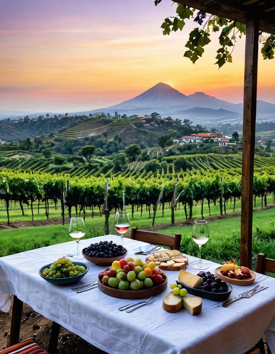 A picturesque vineyard in Guatemala with lush green grapevines set against a sunset sky. In the foreground, an elegant table is set for a wine tasting, adorned with various wine glasses, cheese, and fruit. Visual elements hinting at local culture, such as Guatemalan textiles and pottery, enhance the ambiance. A group of diverse people enjoying the tasting experience adds warmth and community. watercolor style. vibrant colors. natural lighting.
